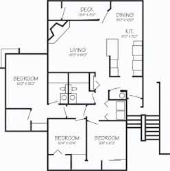 A black and white image of a floor plan for a house with a deck, dining area, living room, and four bedrooms.