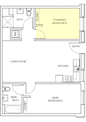 A floor plan of a house with a living room, kitchen, two bathrooms, and two bedrooms.