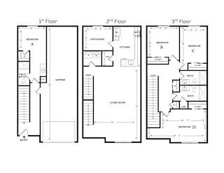 A diagram of a three-story house with labeled rooms.