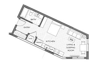 A floor plan of a small apartment with a living and sleeping room.