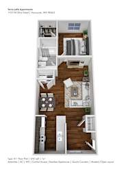 A floor plan of a Type A1 apartment with 1 bedroom, 1 bathroom, and a living area.