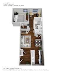 A floor plan of a one bedroom apartment with a living room, kitchen, and bathroom.