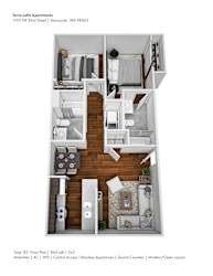 A floor plan of a Type B2' floor plan for the Terra Lofts Apartments.