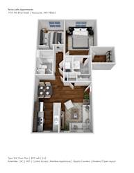 A floor plan of a 2 bedroom apartment with a living room, kitchen, and bathroom.