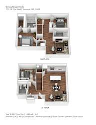 A floor plan for a 1 bedroom apartment at the 2nd floor of the building.