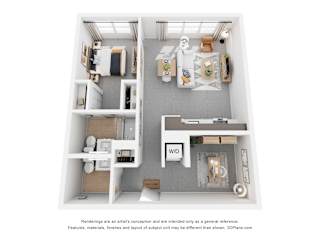 A 3D floor plan of a small apartment with a kitchen, living room, and bathroom.
