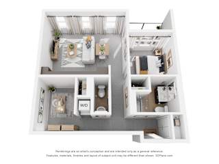 A 3D floor plan of a small apartment with a living room, kitchen, and bedroom.