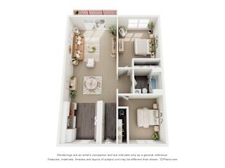 A 3D floor plan of a small apartment with a living room, kitchen, and bedroom.