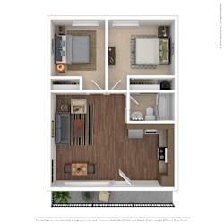 A floor plan of a small apartment with a living room, kitchen, and bathroom.