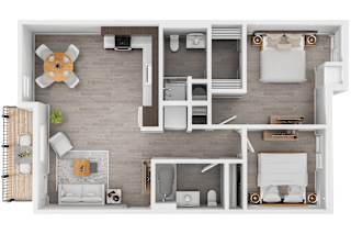 A top-down view of a modern apartment layout with a living room, kitchen, and bathroom.
