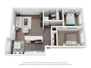 a stylized floor plan with a bedroom and a living room