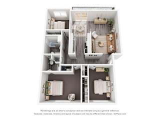 a stylized 3d floor plan of a 2100 sq ft apartment
