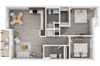 A top-down view of a modern apartment layout with a living room, kitchen, and bathroom.