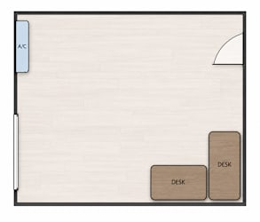 A floor plan of a room with two desks and an air conditioner.