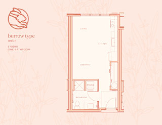 A floor plan of a studio apartment with a bathroom, kitchen, bedroom, and living room.