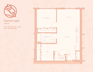 A floor plan of a burrow type unit with one bedroom and one bathroom.