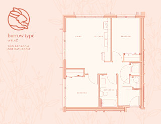 A floor plan of a burrow type unit with two bedrooms and one bathroom.