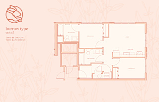A floor plan of a burrow type unit with two bedrooms and two bathrooms.