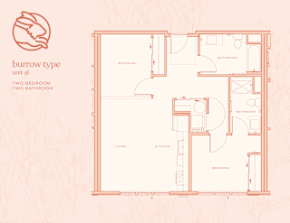 A floor plan of a burrow type unit with two bedrooms and two bathrooms.