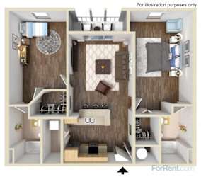 A 3D floor plan of a small apartment with a kitchen, living room, and bedroom.