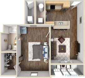 A 3D rendered image of a small apartment layout.