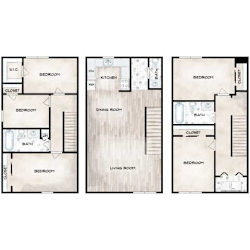 Three floor plans of a house with bedrooms, bathrooms, and a living room.