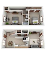 Two images of a small apartment with a bedroom and living room.