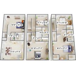 Three floor plans of a house with different layouts and dimensions.