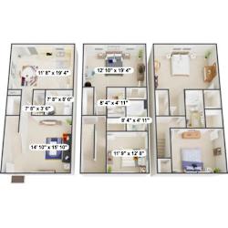 A set of three floor plans for residential apartments.