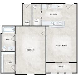 A floor plan of a house with a kitchen, living room, bedroom, bathroom, and closet.