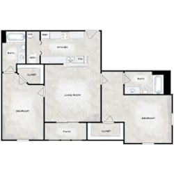 A floor plan of a house with two bedrooms, a living room, a kitchen, a bathroom, a patio, and a closet.