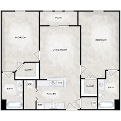 A floor plan of a house with two bedrooms, a living room, a kitchen, a bathroom, a closet, and a patio.