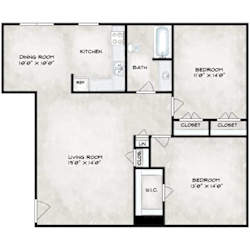 A floor plan of a house with a living room, dining room, kitchen, two bedrooms, and two closets.