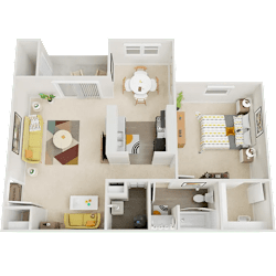A 3D floor plan of a house with a kitchen, living room, and two bedrooms.