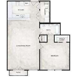 A floor plan of a house with a kitchen, living/dining room, bath, bedroom, and patio.