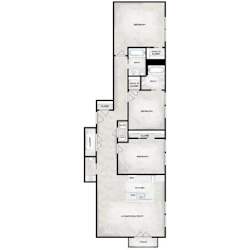 A floor plan of an apartment with a kitchen, living room, and two bedrooms.