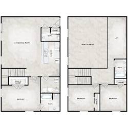 A floor plan of a house with two bedrooms, a living room, a bathroom, a cloakroom, and an open-to-balcony area.