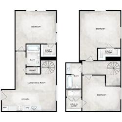 A floor plan of a house with two bedrooms, two bathrooms, a living room, a dining room, a kitchen, and a walk-in closet.