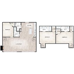 A floor plan of a house with two bedrooms, a living room, a kitchen, a bathroom, and a study.