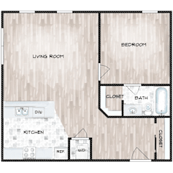 A floor plan of a house with a living room, kitchen, bedroom, bathroom, and closet.