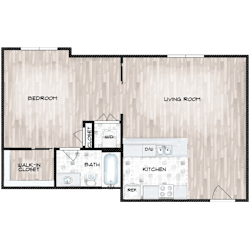 A floor plan of a small apartment with a bedroom, living room, kitchen, bath, and walk-in closet.