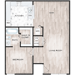 A floor plan of a house with a kitchen, living room, bedroom, bathroom, and walk-in closet.