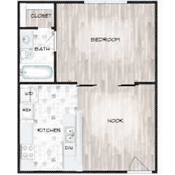A floor plan of a room with a closet, bath, kitchen, and bedroom.