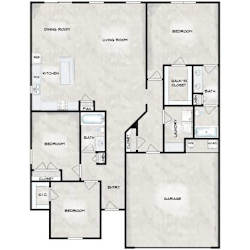 A floor plan of a house with two bedrooms, a living room, a dining room, a kitchen, a bathroom, a walk-in closet, and a garage.