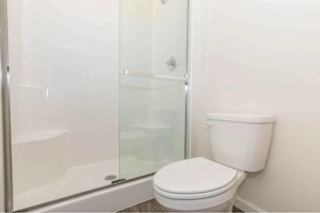 A white toilet sits next to a glass shower door.