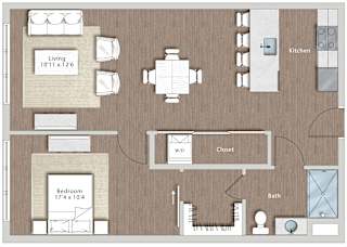Floor plan of a living room with a bedroom and a kitchen  at Sono Central Residential, Norwalk, CT, 06854