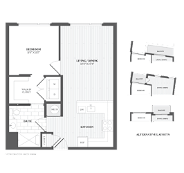 A black and white image of a floor plan for a home with a living room, kitchen, bathroom, and walk-in closet.