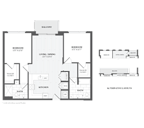 A floor plan of a house with a balcony, three bedrooms, a living/dining area, a kitchen, a bath, and a walk-in closet.
