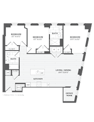 A floor plan of a house with labeled rooms including Bedrooms, Bathrooms, Living/Dining area, Kitchen, and Office Nook.