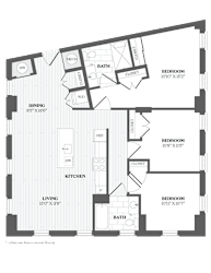 A floor plan of a house with three bedrooms, a living room, a dining room, a kitchen, and a bathroom.